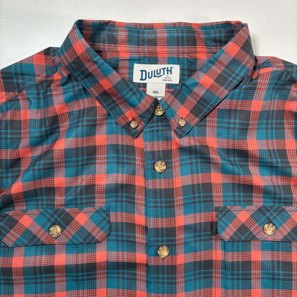 Duluth Trading Co Performance Shirt 3XL Teal Orange Plaid Relaxed Shirt Sleeve